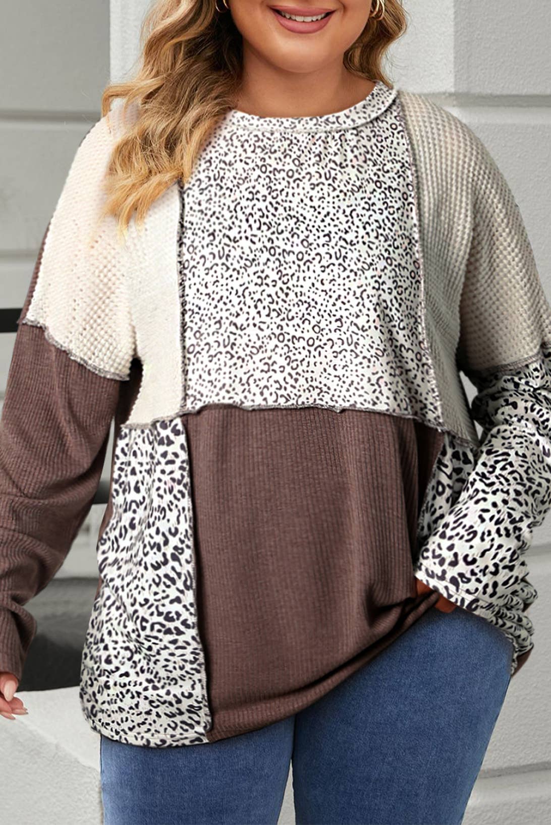 Plus Size Leopard Colorblock Textured Knit Patchwork Top
