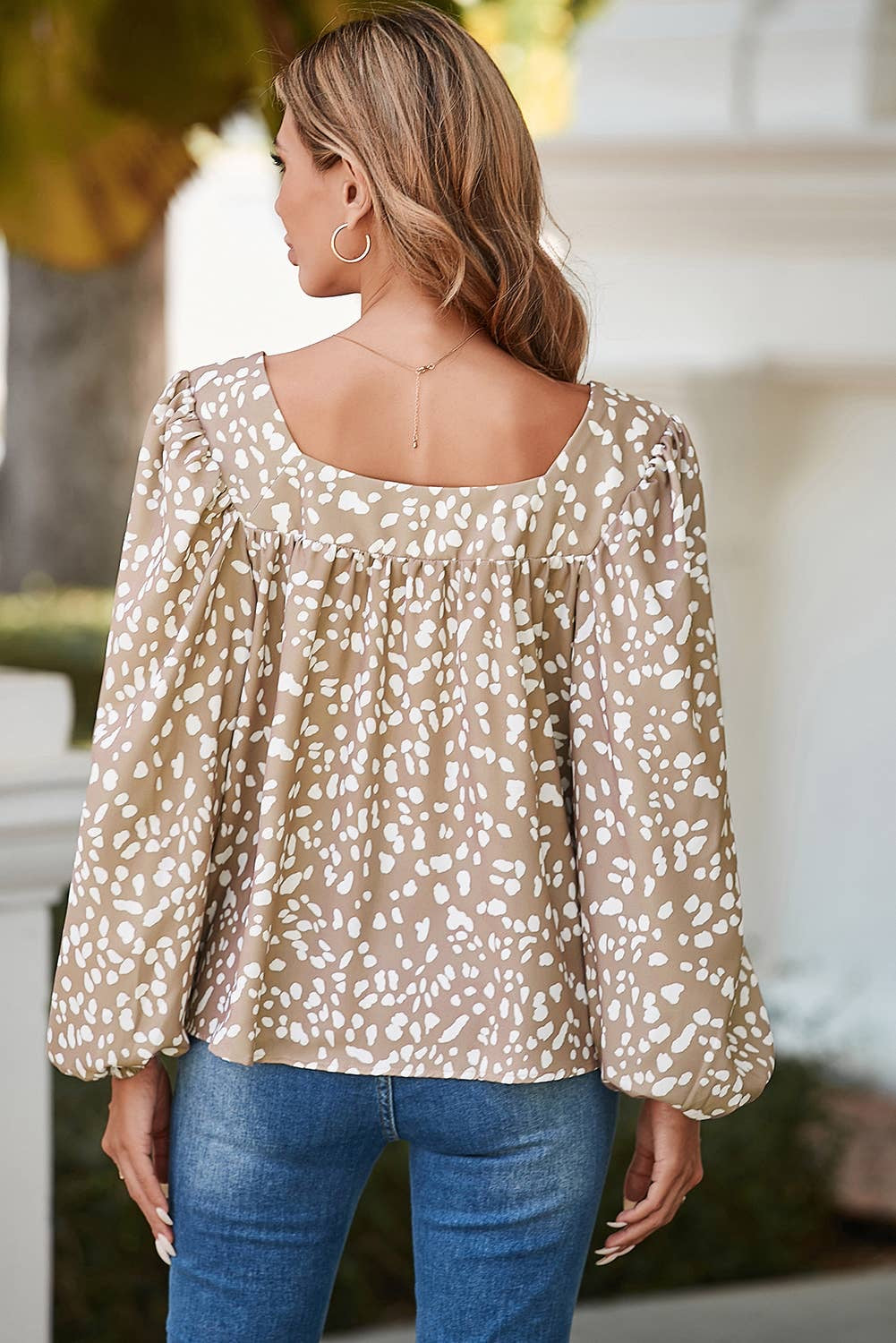 Leopard Square Neck Puff Sleeve Blouse